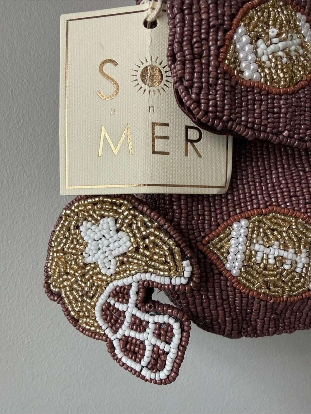 Sol and Mer Beaded Fall Football Motif Shoulder Bag - Brown Helmet Bag clip